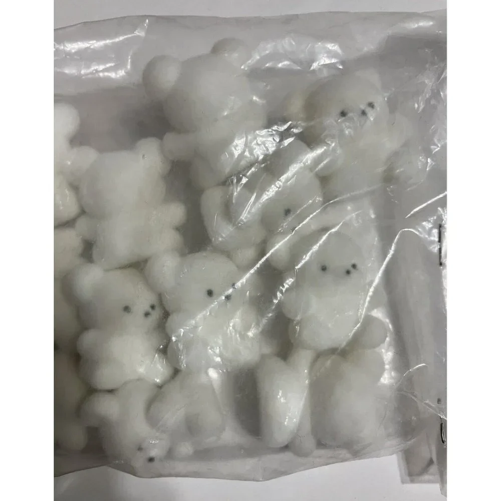 Vintage Set of 12 White Tiny Teddy Bears Flocked Plastic
